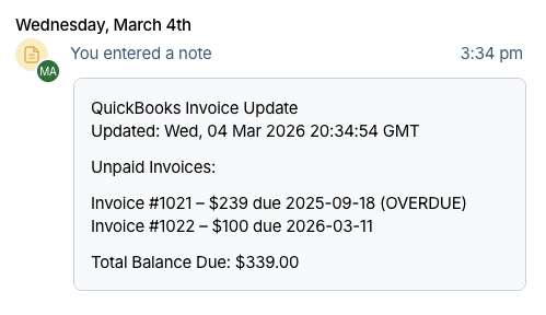 Example of an invoice summary note in Less Annoying CRM