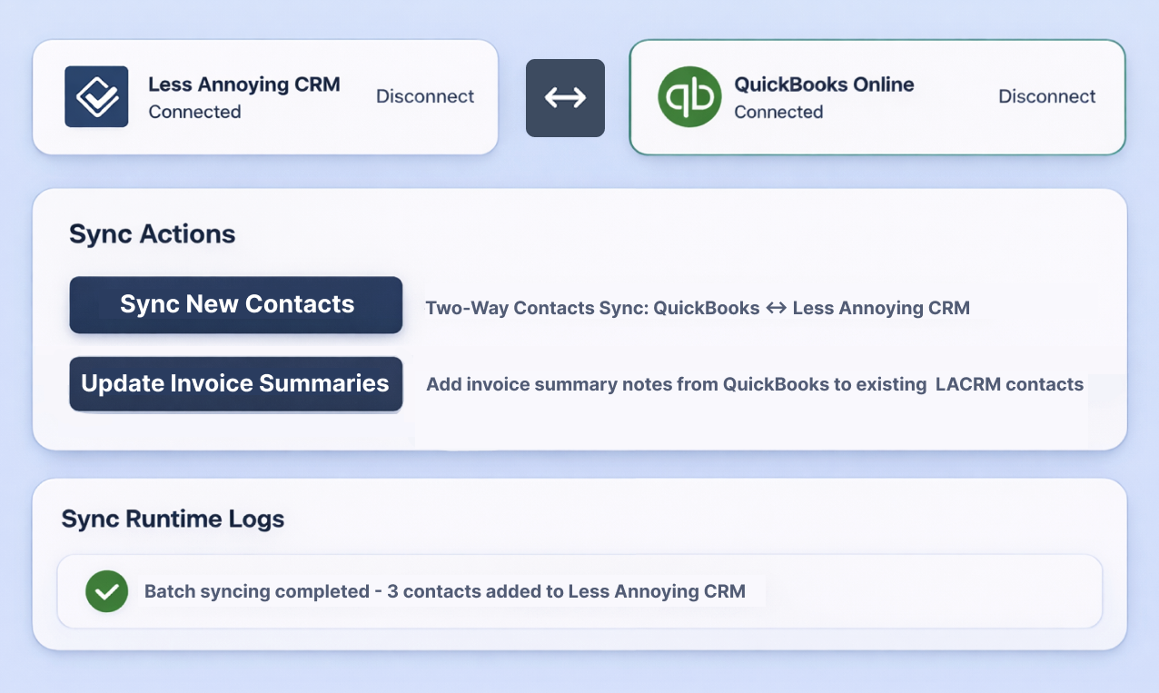 Product Preview - QuickBooks and LACRM Sync Dashboard